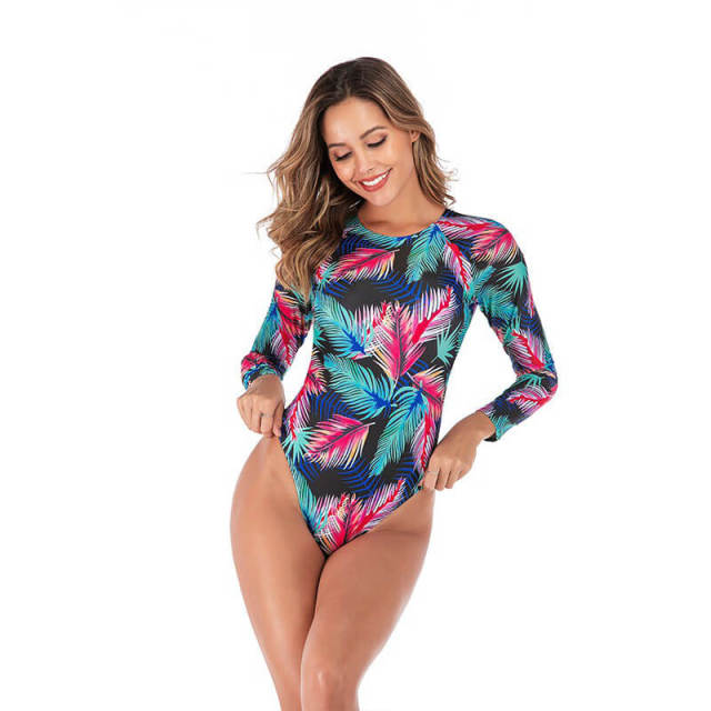 OOVOV Women's Rashguard Long Sleeve Swimsuit High Cut Triangle Print Surfing one Piece Swimwear