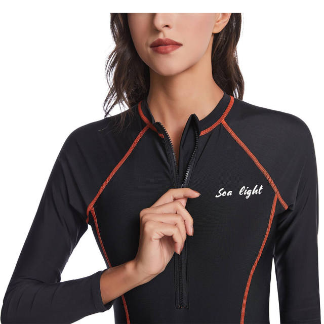 OOVOV Athletic Rash Guard Women One Piece Swimsuits Long Sleeve Swimwear Zipper Racing Water Exercises Bathing Suit