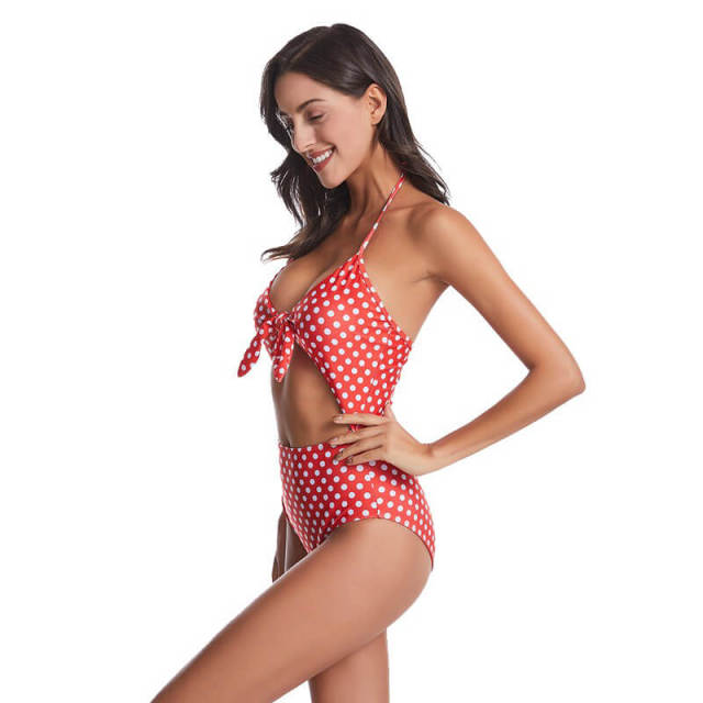 OOVOV Women's Polka Dot Printing Halter Cutout High Waist One Piece Swimsuit Tie Knot Front Bathing Suits