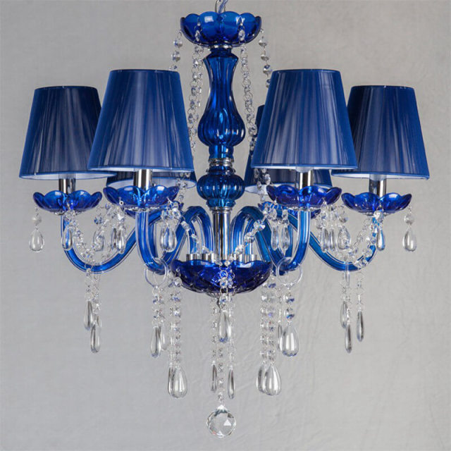 OOVOV Blue Chandelier-6 Lights Crystal Chandelier Lighting with Blue Fabric Lamp Shade for Living Room Bedroom