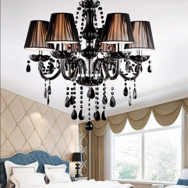 OOVOV Crystal Chandelier Black Chandeliers with Fabric Lamp Shade Pendant Ceiling Lighting Fixture for Dining Room Bedroom Living Room D23.6 Inch with