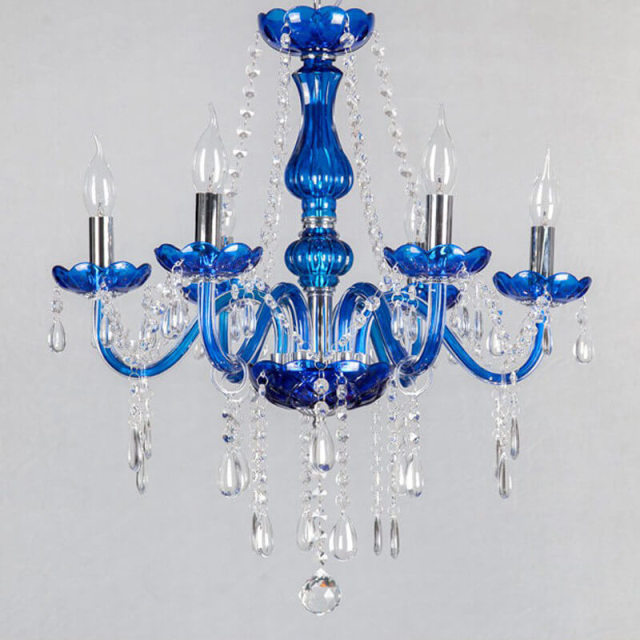 OOVOV Blue Chandelier-6 Lights Crystal Chandelier Lighting with Blue Fabric Lamp Shade for Living Room Bedroom