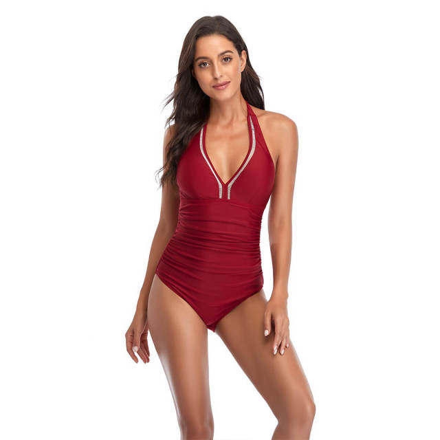 OOVOV Sexy V-neck Women One Piece Swimsuit  Solid Color Tie Up Halter Swimsuits Tummy Control Ruched Bathing Suits