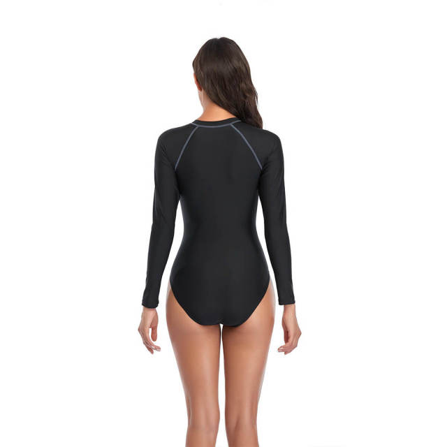 OOVOV Swimsuit Surfing Suit For Womens,Long Sleeve Rash Guard Sun Protection Pure Color Stitching Zipper One Piece Swimsuit
