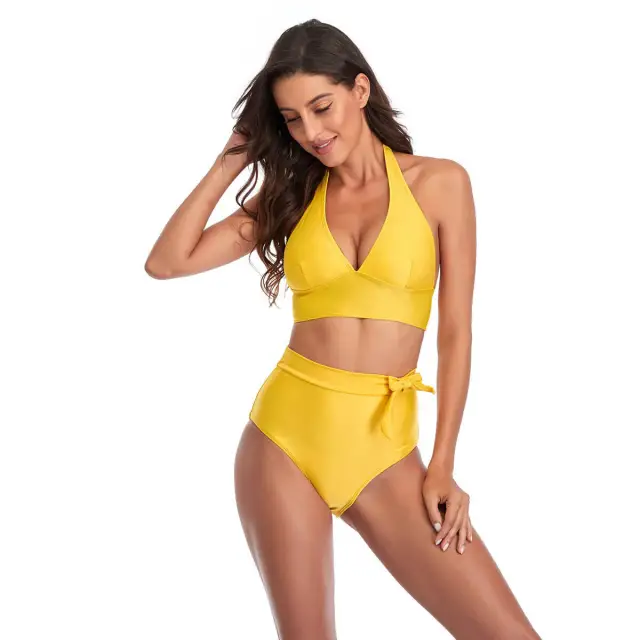 OOVOV Two Piece Swimsuit For Women,High Waist Swimsuits Adjustable Halter Bikini Sets Solid Color Swimwear