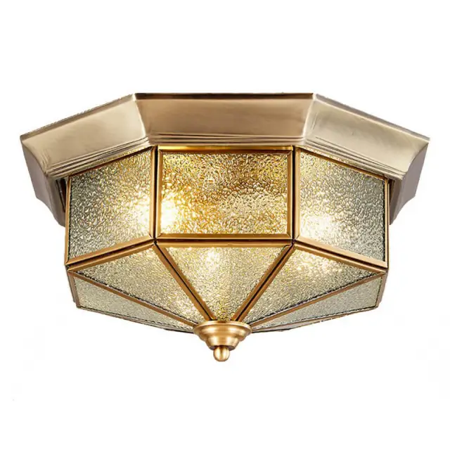 OOVOV 11 Inch Copper Ceiling Light Fixture 2 E27 Base Flush Mount Light With Diamond Pattern Glass Lampshade Balcony Bedroom Kitchen Indoor Lighting