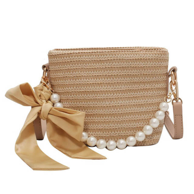 OOVOV Women Handbag Handmade Rattan Woven Artificial Pearl Shoulder Bag Bow Straw Bag