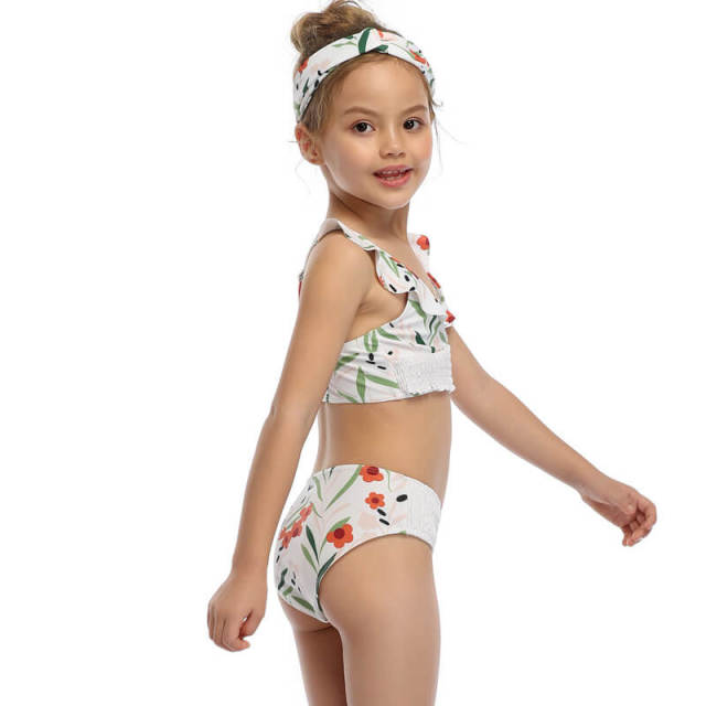 OOVOV Girls Two Piece Swimsuits, Kids Floral Print Bikini Top With Flounced Sleeve, Tropical Beach Bathing Suit for Vacation