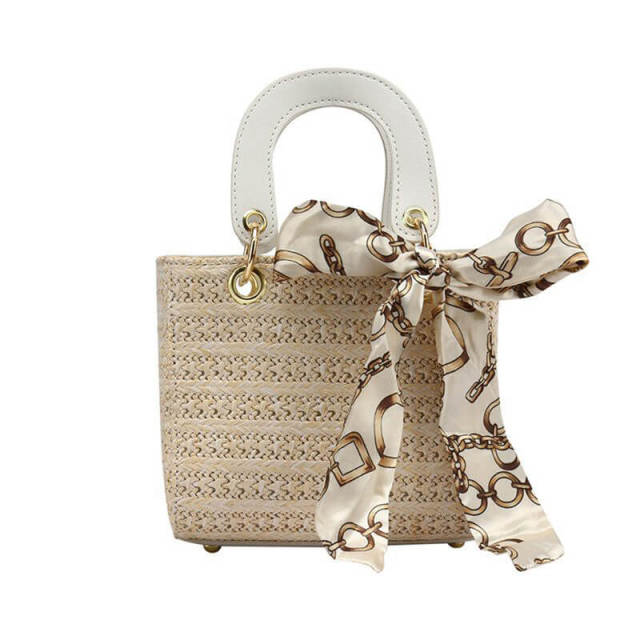 OOVOV Straw Shoulder Bag, Straw Handbag Women Handmade Straw Bag Summer Beach Leather Straps Bag