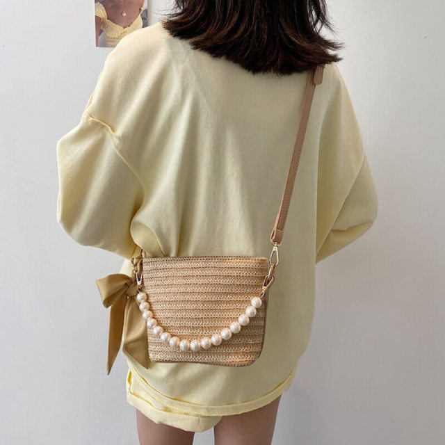 OOVOV Women Handbag Handmade Rattan Woven Artificial Pearl Shoulder Bag Bow Straw Bag