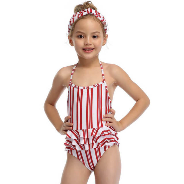 OOVOV Girls' Stripe Printed Swimsuits Baby-girl Sport Halter One Piece Ruffle Swimsuit