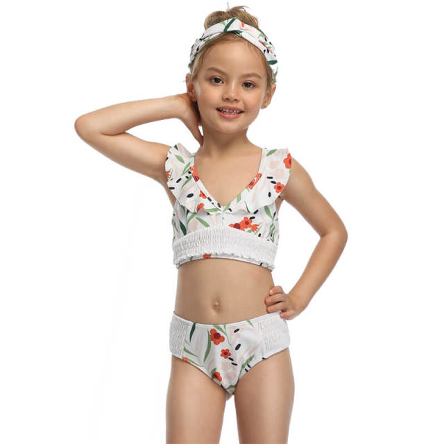 OOVOV Girls Two Piece Swimsuits, Kids Floral Print Bikini Top With Flounced Sleeve, Tropical Beach Bathing Suit for Vacation