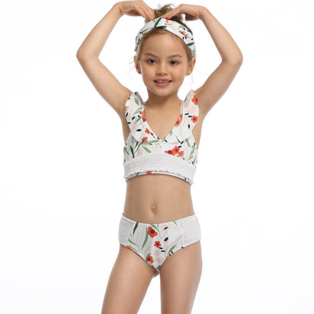 OOVOV Girls Two Piece Swimsuits, Kids Floral Print Bikini Top With Flounced Sleeve, Tropical Beach Bathing Suit for Vacation