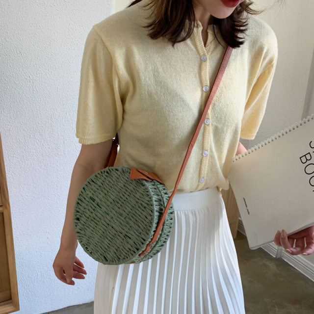 OOVOV Shoulder Straw Bag for Women Handwoven Round Rattan Crossbody Bag