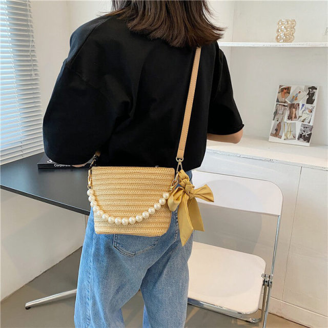 OOVOV Women Handbag Handmade Rattan Woven Artificial Pearl Shoulder Bag Bow Straw Bag