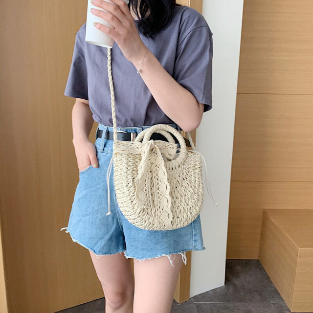 OOVOV Women Straw Shoulder Bag Summer Beach Lace Streamer Tote Bag Handmade Woven Handbag