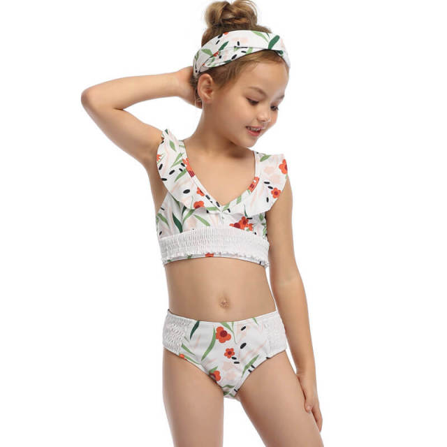 OOVOV Girls Two Piece Swimsuits, Kids Floral Print Bikini Top With Flounced Sleeve, Tropical Beach Bathing Suit for Vacation