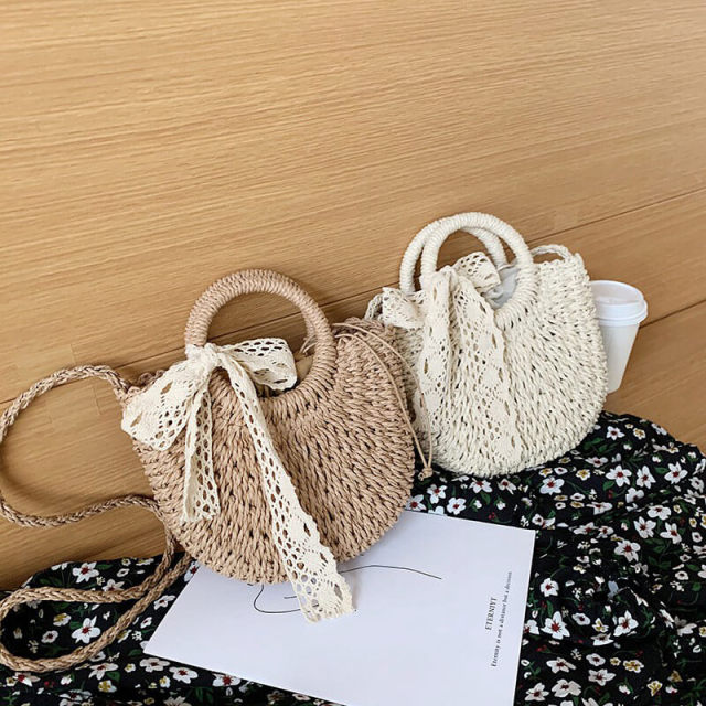 OOVOV Women Straw Shoulder Bag Summer Beach Lace Streamer Tote Bag Handmade Woven Handbag