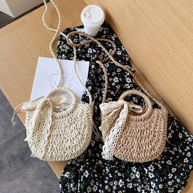 OOVOV Women Straw Shoulder Bag Summer Beach Lace Streamer Tote Bag Handmade Woven Handbag