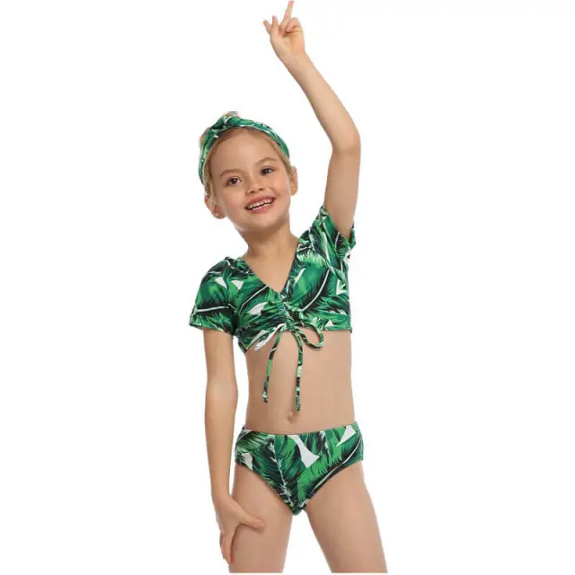 OOVOV Green Leaf Print Girls Swimsuit,Short Sleeve Tie Up Tankini Top with Printing Triangle Bottom Summer Girl Swimwear Beach Bathing Suit