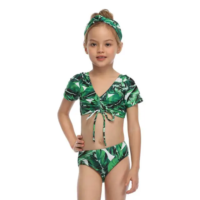 OOVOV Green Leaf Print Girls Swimsuit,Short Sleeve Tie Up Tankini Top with Printing Triangle Bottom Summer Girl Swimwear Beach Bathing Suit