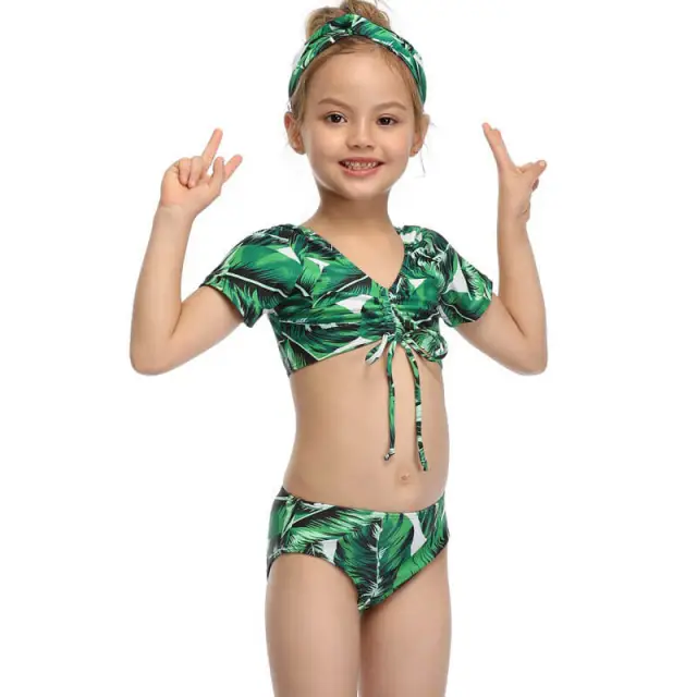 OOVOV Green Leaf Print Girls Swimsuit,Short Sleeve Tie Up Tankini Top with Printing Triangle Bottom Summer Girl Swimwear Beach Bathing Suit