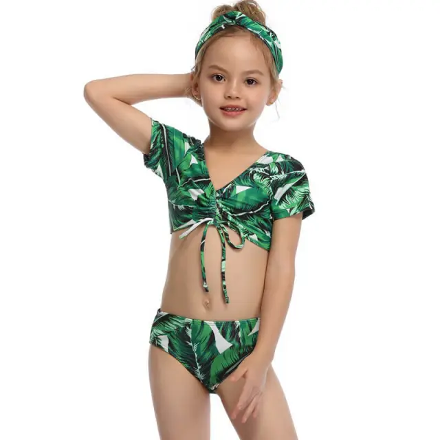 OOVOV Green Leaf Print Girls Swimsuit,Short Sleeve Tie Up Tankini Top with Printing Triangle Bottom Summer Girl Swimwear Beach Bathing Suit