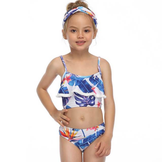 OOVOV Cute Girls Print Swimsuits,Children Ruffle Hairball Sling Two Piece Summer Beach Swimwear Bathing Suits