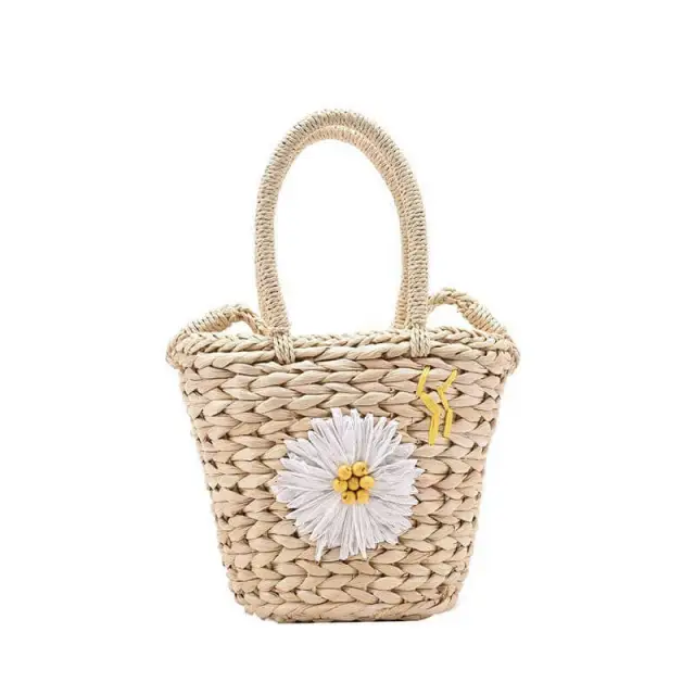 OOVOV Women Summer Tote Bag Handwoven Beach Handbag Daisy Shoulder Bag Bucket Straw Bag