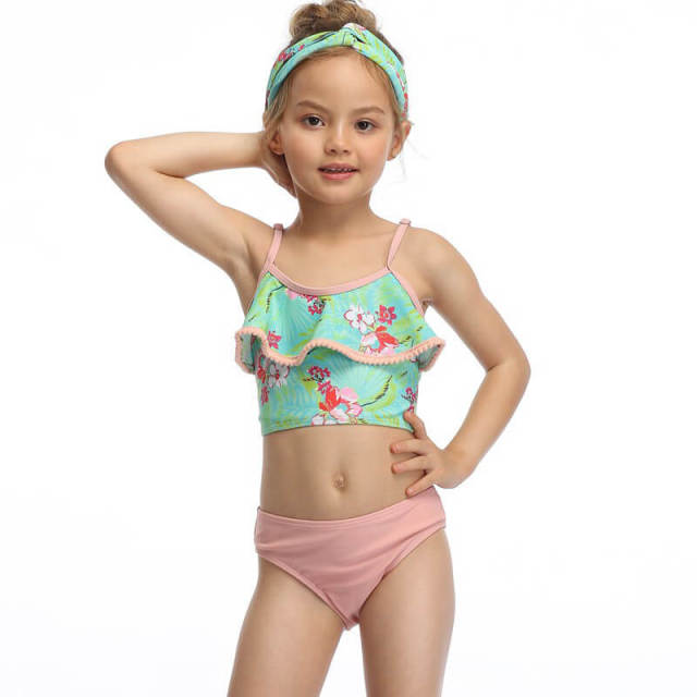 OOVOV Cute Girls Print Swimsuits,Children Ruffle Hairball Sling Two Piece Summer Beach Swimwear Bathing Suits