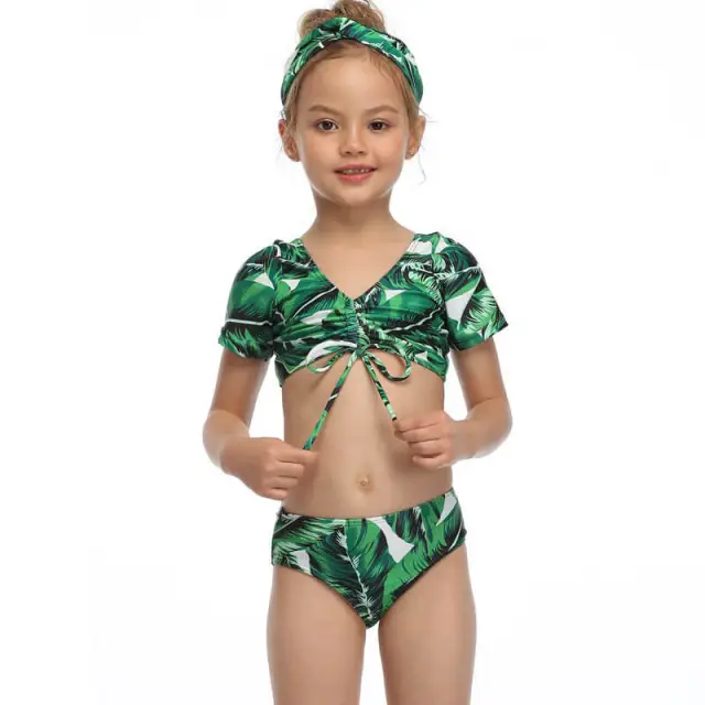 OOVOV Green Leaf Print Girls Swimsuit,Short Sleeve Tie Up Tankini Top with Printing Triangle Bottom Summer Girl Swimwear Beach Bathing Suit