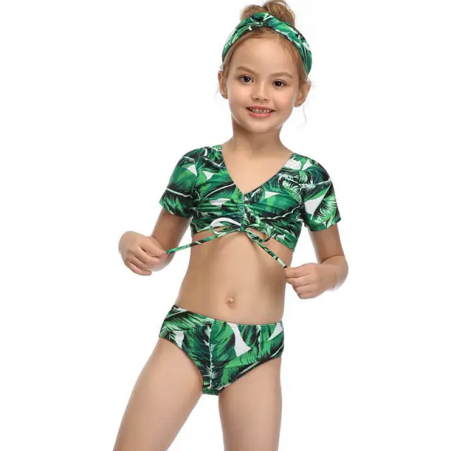 OOVOV Green Leaf Print Girls Swimsuit,Short Sleeve Tie Up Tankini Top with Printing Triangle Bottom Summer Girl Swimwear Beach Bathing Suit