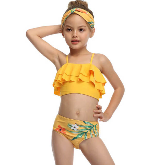 OOVOV Yellow Print Two Pieces Girls Swimsuits,Children Ruffle Sling Two Piece Summer Beach Swimwear Bathing Suits