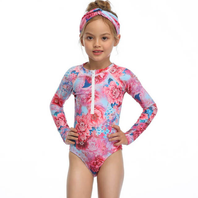 OOVOV Long Sleeve One-piece Children's Swimsuit Printed Cute Sunscreen Bikini Kids Zipper Bathing Suits