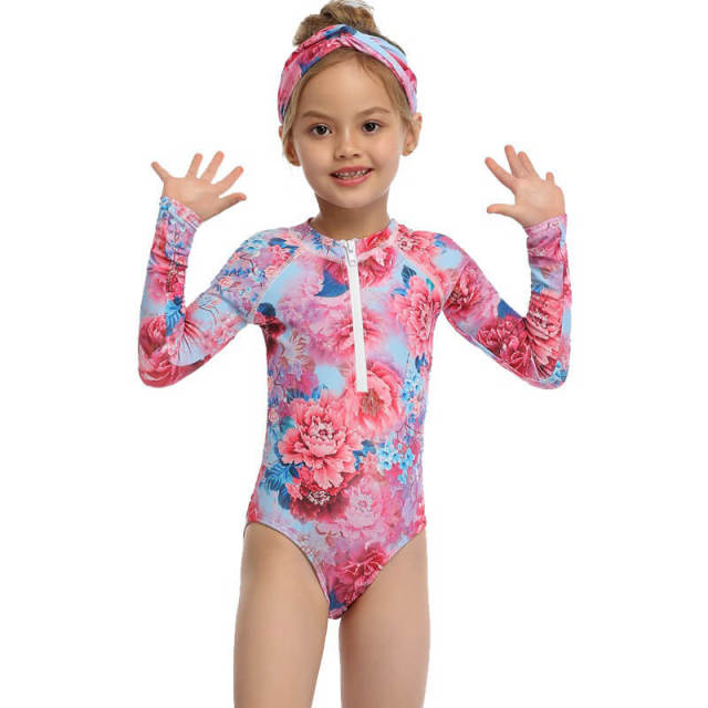 OOVOV Long Sleeve One-piece Children's Swimsuit Printed Cute Sunscreen Bikini Kids Zipper Bathing Suits