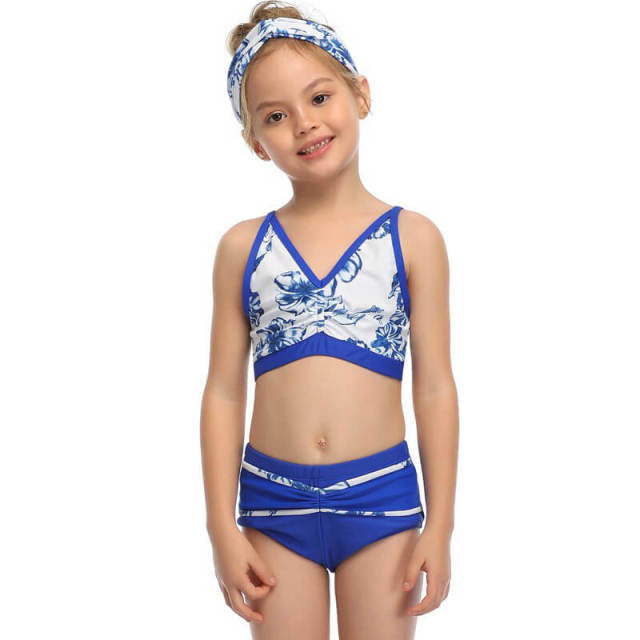 OOVOV Children's Swimwear,Blue Print Two Pieces Swimsuits,Children Girl Sling Summer Beach Bathing Suits