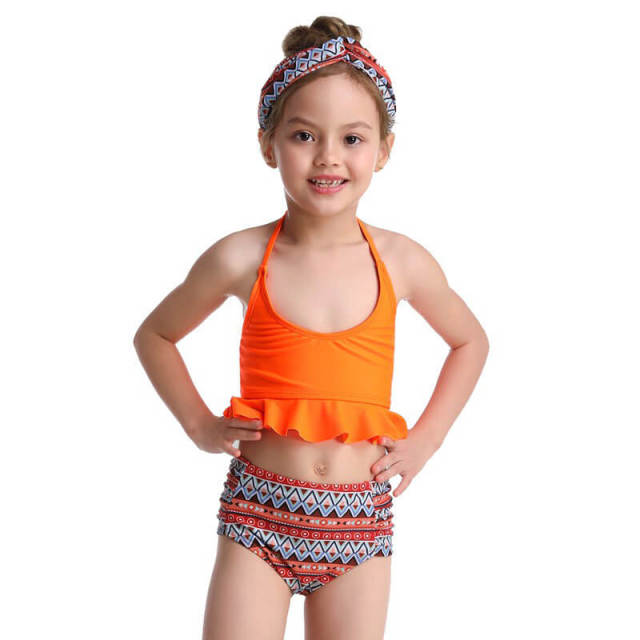 OOVOV Girls Swimsuit High Waisted Printing Bathing Suit Halter Neck Ruffle Bikini Swimwear