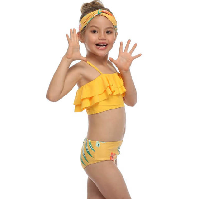 OOVOV Yellow Print Two Pieces Girls Swimsuits,Children Ruffle Sling Two Piece Summer Beach Swimwear Bathing Suits