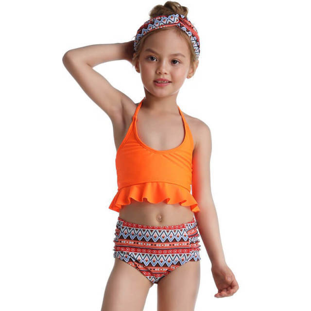 OOVOV Girls Swimsuit High Waisted Printing Bathing Suit Halter Neck Ruffle Bikini Swimwear