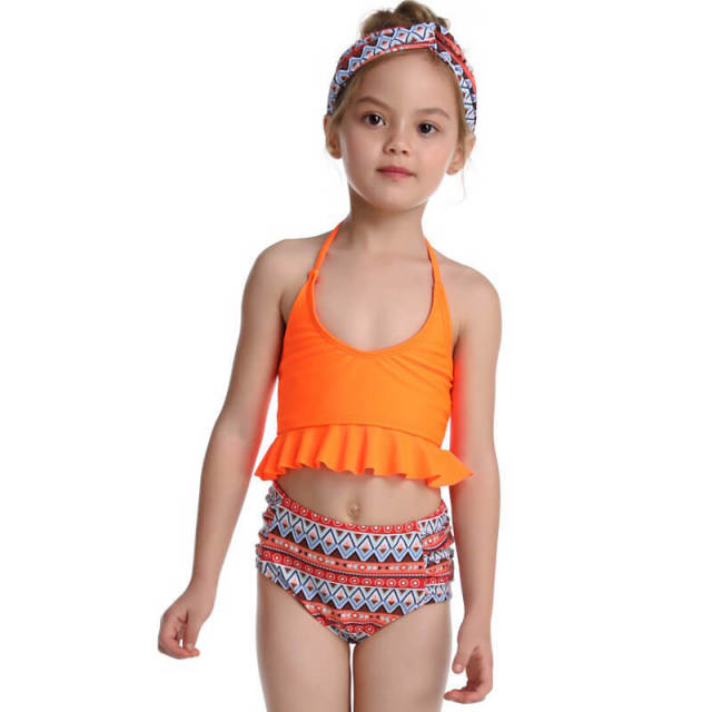 OOVOV Girls Swimsuit High Waisted Printing Bathing Suit Halter Neck Ruffle Bikini Swimwear