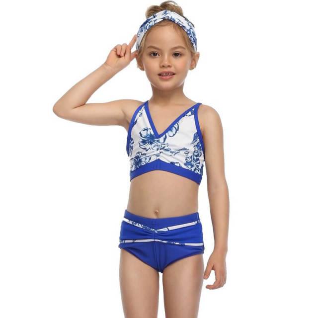 OOVOV Children's Swimwear,Blue Print Two Pieces Swimsuits,Children Girl Sling Summer Beach Bathing Suits