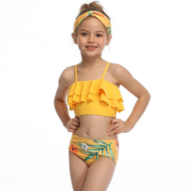 OOVOV Yellow Print Two Pieces Girls Swimsuits,Children Ruffle Sling Two Piece Summer Beach Swimwear Bathing Suits