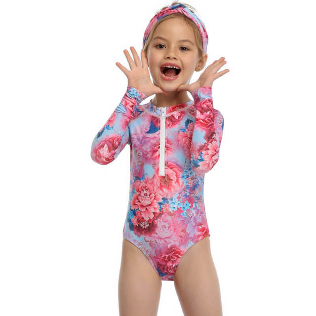 OOVOV Long Sleeve One-piece Children's Swimsuit Printed Cute Sunscreen Bikini Kids Zipper Bathing Suits