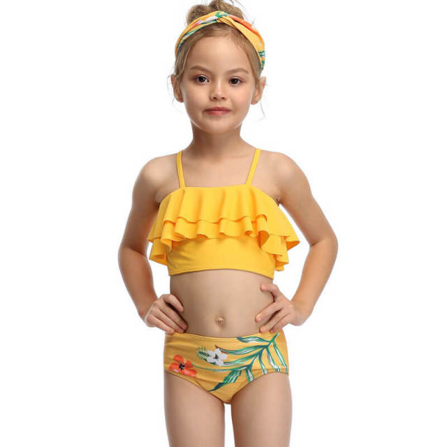 OOVOV Yellow Print Two Pieces Girls Swimsuits,Children Ruffle Sling Two Piece Summer Beach Swimwear Bathing Suits