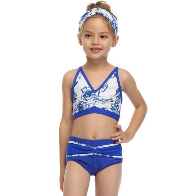 OOVOV Children's Swimwear,Blue Print Two Pieces Swimsuits,Children Girl Sling Summer Beach Bathing Suits