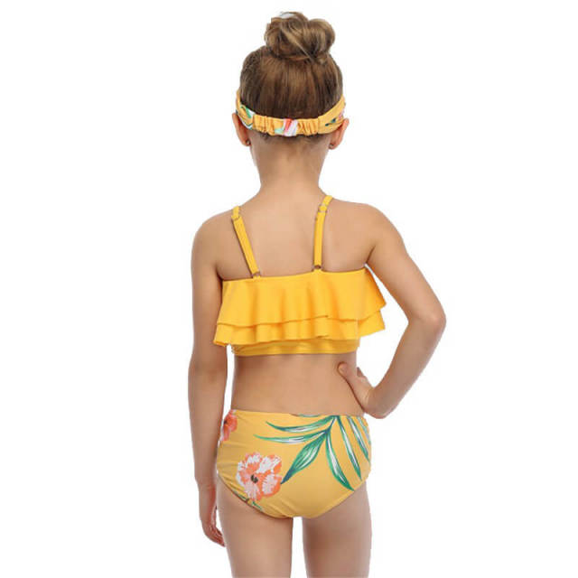 OOVOV Yellow Print Two Pieces Girls Swimsuits,Children Ruffle Sling Two Piece Summer Beach Swimwear Bathing Suits