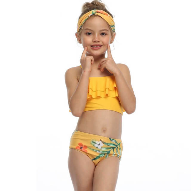 OOVOV Yellow Print Two Pieces Girls Swimsuits,Children Ruffle Sling Two Piece Summer Beach Swimwear Bathing Suits