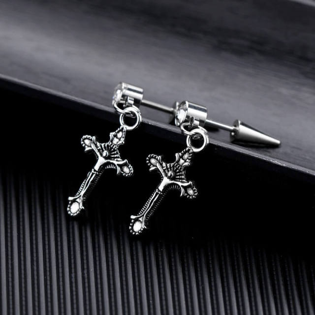 OOVOV Vintage Men's Titanium Steel Earrings, Cross Earrings Feather Earrings Jewelry