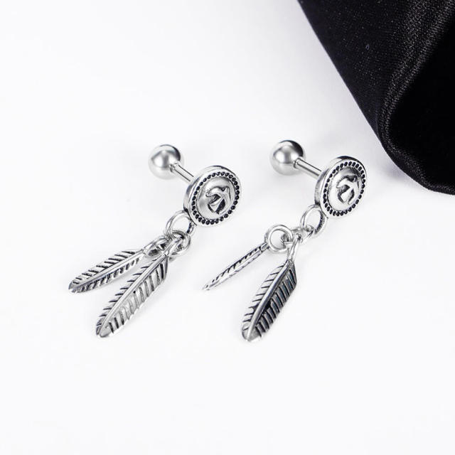 OOVOV Vintage Men's Titanium Steel Earrings, Cross Earrings Feather Earrings Jewelry