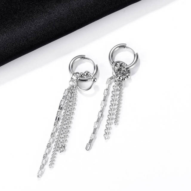 OOVOV Stainless Steel Tassel Chain Pendant Earrings,Dangle Hinged Hoop Earrings Piercing Hoop Huggie Earrings with Long Chain